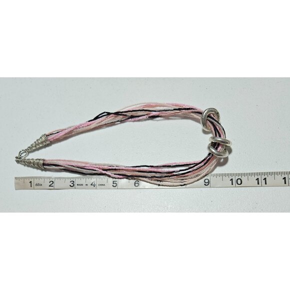Elegant Multi Strand Pink Black Seed Beaded Statement Necklace Silver-Tone Rings - Picture 6 of 7